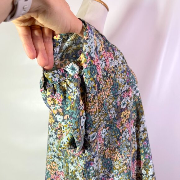 J. Jill Size XL Floral Print Popover Blouse Rayon Green Blue - Picture 7 of 11